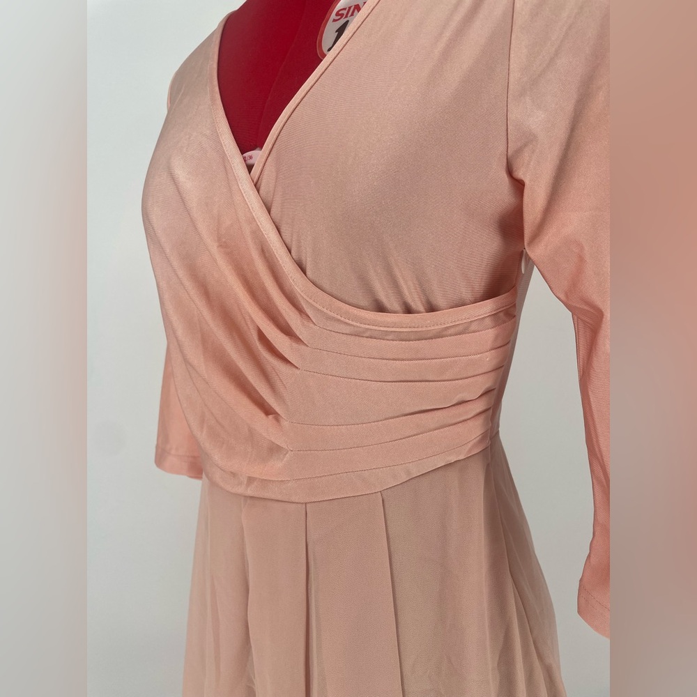2FOR$30 Adorable Peach Nude Faux Wrap 3/4 Sleeve Midi Dress - Picture 4 of 13